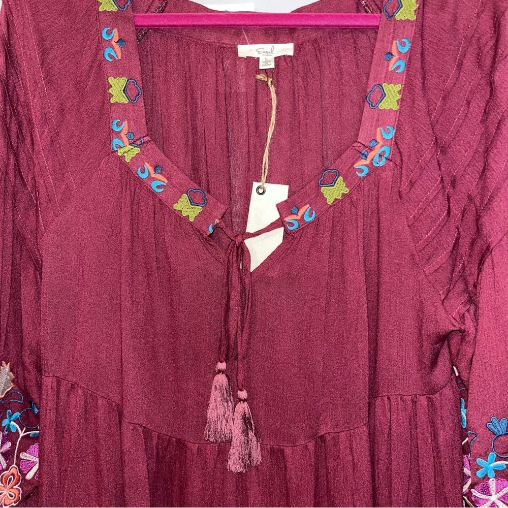 Easel Boho Burgundy Dress with Colorful Embroidery Large - Picture 5 of 8